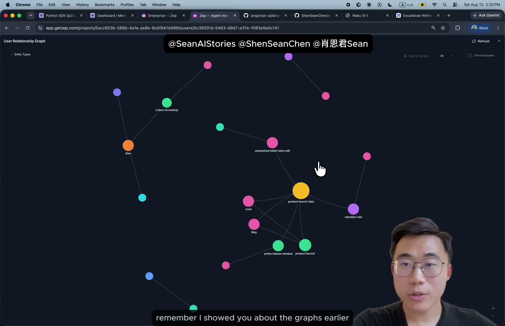 Граф связей в Zep: узлы Alex, Lisbon AI meetup, product launch date, May, June соединены рёбрами